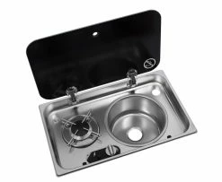 Kitchen & Bathroom Equipment Shop 12 Navy Load Stainless Steel Single Hob With Right Hand Sink And Glass Lid NL.24000